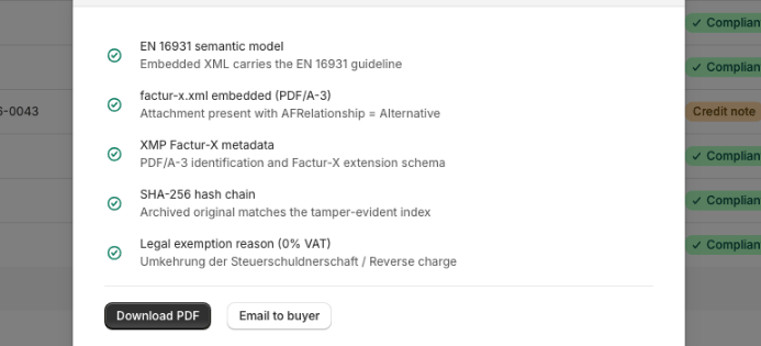 Compliance checks for a 0% VAT invoice showing the correct legal exemption reason
