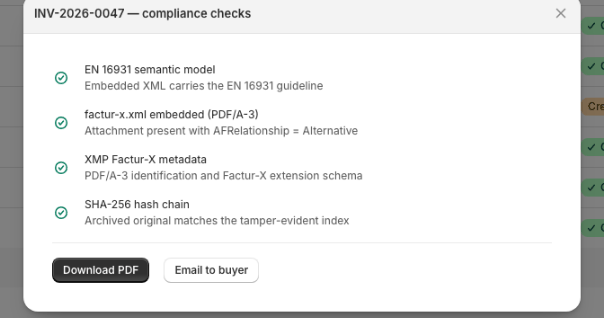 InvoNorm Compliance-Checks: alle Prüfungen grün — EN 16931, eingebettete factur-x.xml, PDF/A-3, SHA-256-Hashkette