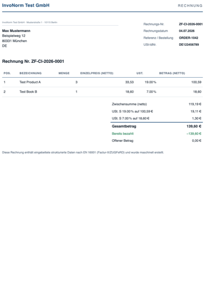 A ZUGFeRD invoice PDF generated by InvoNorm — German business-letter layout with embedded EN 16931 XML